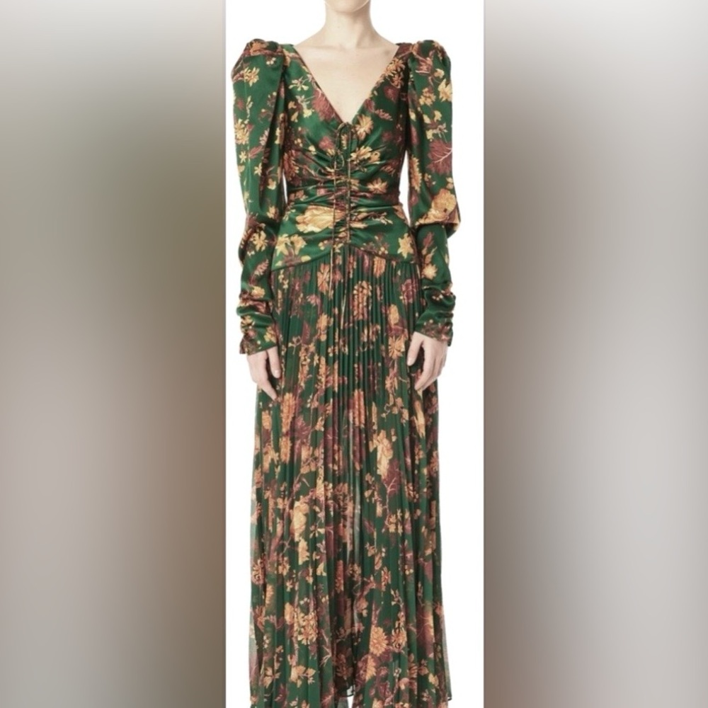 Amur Korena Maxi Dress Silk Low Cut V Neck Floral Print - Green & Orange size 12